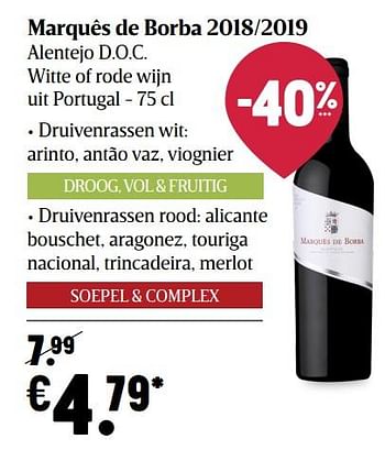 Promoties Marquês de borba 2018-2019 alentejo d.o.c. witte of rode wijn uit portugal - Rode wijnen - Geldig van 02/01/2021 tot 06/01/2021 bij Delhaize