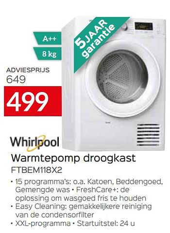 Promoties Whirlpool warmtepomp droogkast ftbem118x2 - Whirlpool - Geldig van 04/01/2021 tot 31/01/2021 bij Selexion