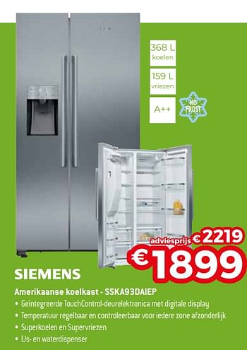 Promoties Siemens amerikaanse koelkast - sska93daiep - Siemens - Geldig van 04/01/2021 tot 31/01/2021 bij Exellent
