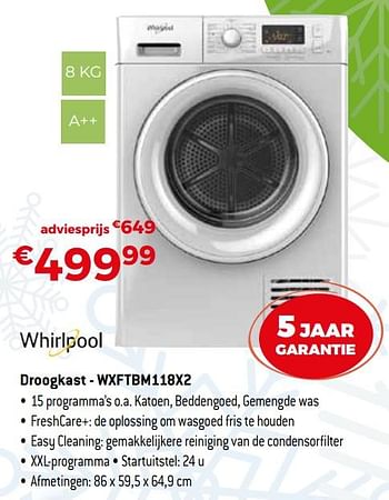 Promoties Whirlpool droogkast - wxftbm118x2 - Whirlpool - Geldig van 04/01/2021 tot 31/01/2021 bij Exellent