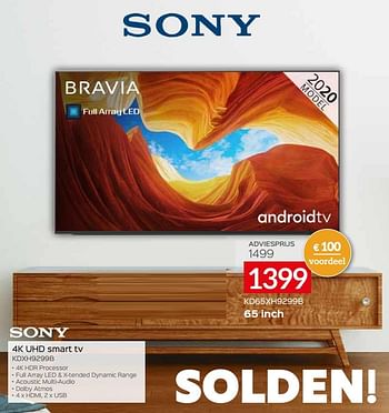 Promoties Sony 4k uhd smart tv kd65xh9299b - Sony - Geldig van 04/01/2021 tot 31/01/2021 bij Selexion