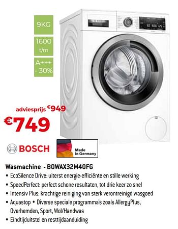 Promotions Bosch wasmachine - bowax32m40fg - Bosch - Valide de 04/01/2021 à 31/01/2021 chez Exellent