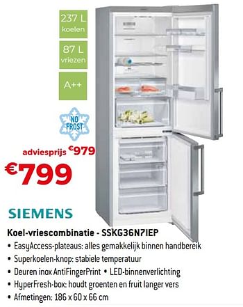Promoties Siemens koel-vriescombinatie - sskg36n7iep - Siemens - Geldig van 04/01/2021 tot 31/01/2021 bij Exellent