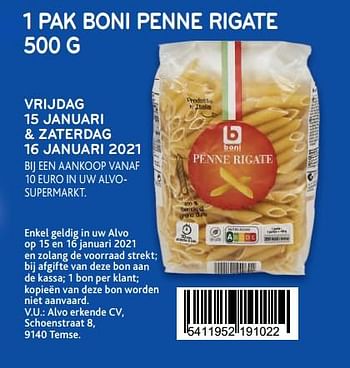 Promoties 1 pak boni penne rigate - Boni - Geldig van 13/01/2021 tot 26/01/2021 bij Alvo