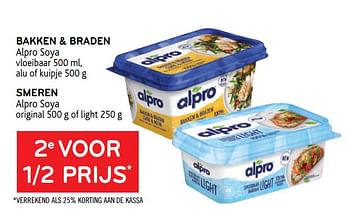 Promoties 2e voor 1-2 prijs bakken + braden smeren alpro soya - Alpro - Geldig van 13/01/2021 tot 26/01/2021 bij Alvo