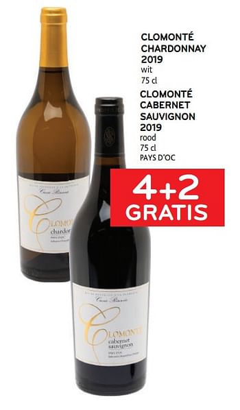 Promoties 4+2 gratis clomonté chardonnay 2019 wit clomonté cabernet sauvignon 2019 rood - Rode wijnen - Geldig van 13/01/2021 tot 26/01/2021 bij Alvo