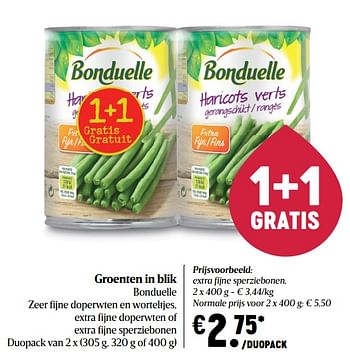 Promoties Extra fijne sperziebonen - Bonduelle - Geldig van 07/01/2021 tot 13/01/2021 bij Delhaize