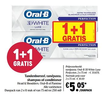 Promoties Tandpasta oral-b 3d white luxe perfection - Oral-B - Geldig van 07/01/2021 tot 13/01/2021 bij Delhaize