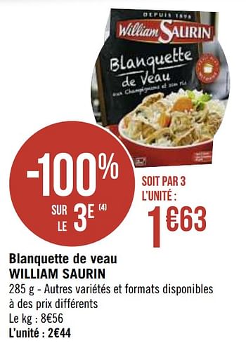 Promotions Blanquette de veau william saurin - William Saurin - Valide de 04/01/2021 à 17/01/2021 chez Super Casino