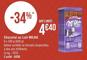Promotions Chocolat au lait milka - Milka - Valide de 04/01/2021 à 17/01/2021 chez Super Casino