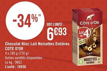 Promotions Chocolat bloc lait noisettes entières cote d`or - Cote D'Or - Valide de 04/01/2021 à 17/01/2021 chez Super Casino