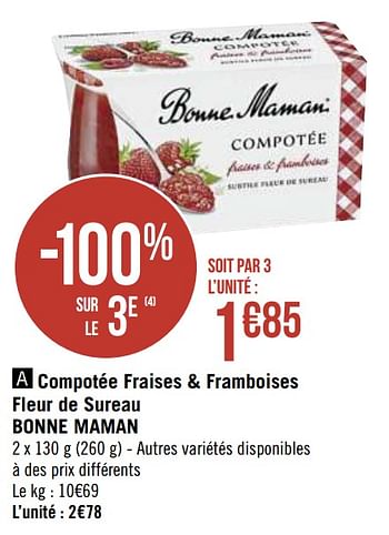 Promotions Compotée fraises + framboises fleur de sureau bonne maman - Bonne Maman - Valide de 04/01/2021 à 17/01/2021 chez Super Casino