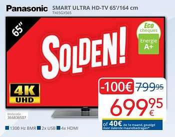 Promotions Panasonic smart ultra hd-tv 65`-164 cm tx65gx565 - Panasonic - Valide de 04/01/2021 à 31/01/2021 chez Eldi