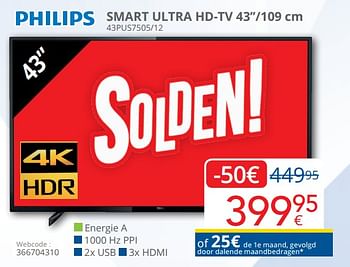 Promoties Philips smart ultra hd-tv 43``-109 cm 43pus7505-12 - Philips - Geldig van 04/01/2021 tot 31/01/2021 bij Eldi