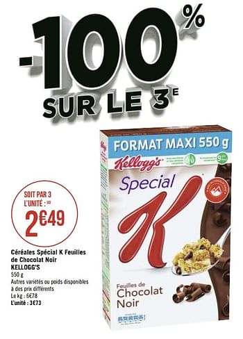 Promoties Céréales spécial k feuilles de chocolat noir kellogg`s - Kellogg's - Geldig van 04/01/2021 tot 17/01/2021 bij Géant Casino