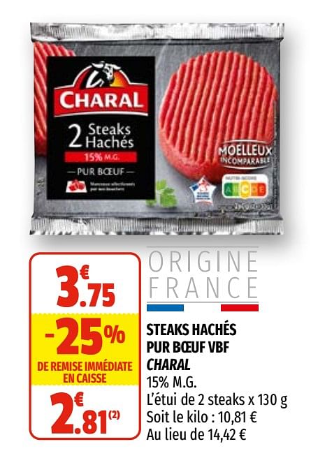 Charal Steaks hach s pur boeuf vbf charal Promotie bij Coccinelle