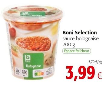 Promotions Boni selection sauce bolognaise - Boni - Valide de 04/01/2021 à 12/01/2021 chez Colruyt