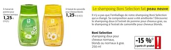 Promoties Boni selection shampoing doux pour cheveux normaux, blonds ou normaux à gras - Boni - Geldig van 04/01/2021 tot 12/01/2021 bij Colruyt