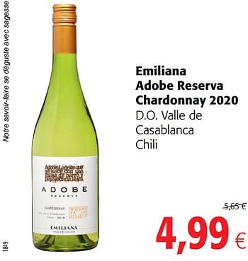 Promotions Emiliana adobe reserva chardonnay 2020 d.o. valle de casablanca chili - Vins blancs - Valide de 04/01/2021 à 12/01/2021 chez Colruyt