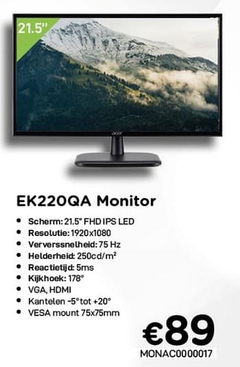 Promotions Acer ek220qa monitor - Acer - Valide de 04/01/2021 à 31/01/2021 chez Compudeals