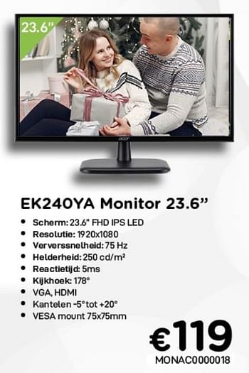 Promoties Acer ek240ya monitor 23.6`` - Acer - Geldig van 04/01/2021 tot 31/01/2021 bij Compudeals