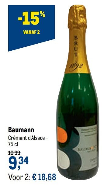 Promoties Baumann crémant d`alsace - Schuimwijnen - Geldig van 13/01/2021 tot 26/01/2021 bij Makro