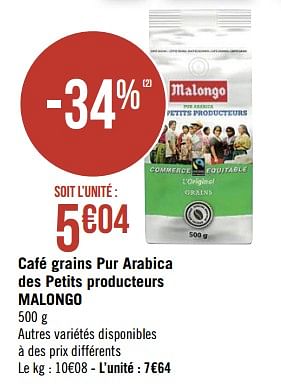 Promotions Café grains pur arabica des petits producteurs malongo - Malongo - Valide de 11/01/2021 à 24/01/2021 chez Super Casino