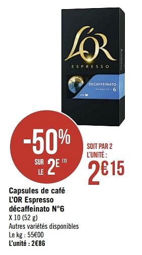 Promotions Capsules de café l`or espresso décaffeinato n°6 - Douwe Egberts - Valide de 11/01/2021 à 24/01/2021 chez Super Casino