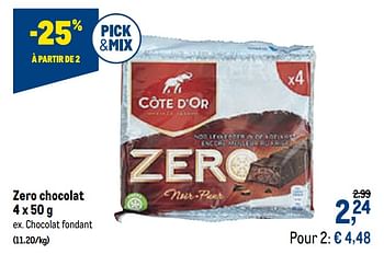 Promotions Zero chocolat chocolat fondant - Cote D'Or - Valide de 13/01/2021 à 26/01/2021 chez Makro