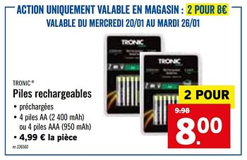 Promotions Piles rechargeables - Tronic - Valide de 18/01/2021 à 23/01/2021 chez Lidl