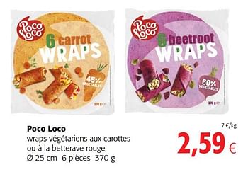 Promotions Poco loco wraps végétariens aux carottes ou à la betterave rouge - Poco Loco - Valide de 13/01/2021 à 26/01/2021 chez Colruyt
