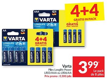 Promoties Varta piles longlife power lr03-aaa ou lr06-aa - Varta - Geldig van 19/01/2021 tot 24/01/2021 bij Intermarche