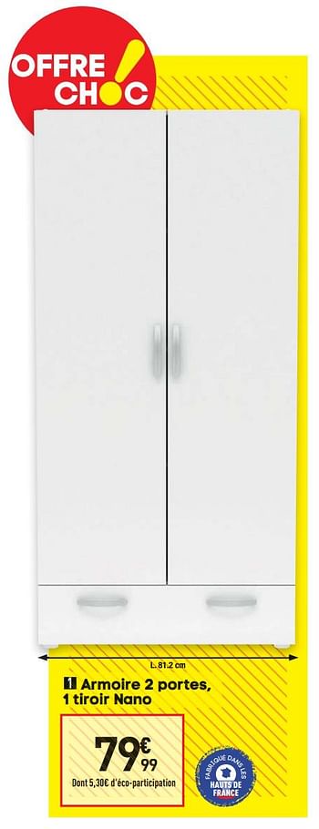 Promotions Armoire 2 portes, 1 tiroir nano - Produit Maison - Conforama - Valide de 21/12/2020 à 25/01/2021 chez Conforama