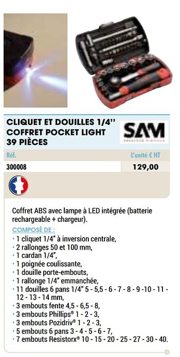 Promoties Cliquet et douilles 1-4`` coffret pocket light 39 pièces - SAM - Geldig van 01/01/2021 tot 31/12/2021 bij Master Pro