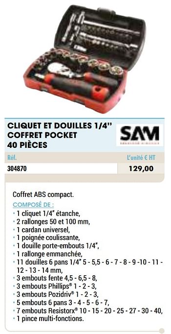 Promoties Cliquet et douilles 1-4`` coffret pocket 40 pièces - SAM - Geldig van 01/01/2021 tot 31/12/2021 bij Master Pro