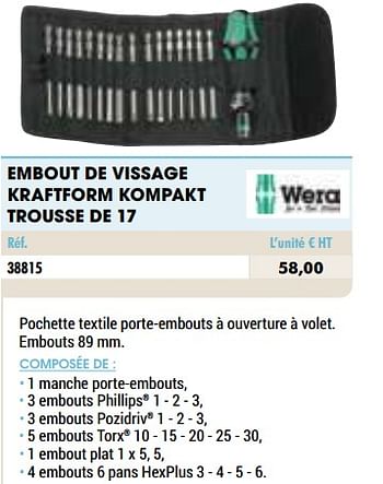 Promotions Embout de vissage kraftform kompakt trousse de 17 - Wera - Valide de 01/01/2021 à 31/12/2021 chez Master Pro