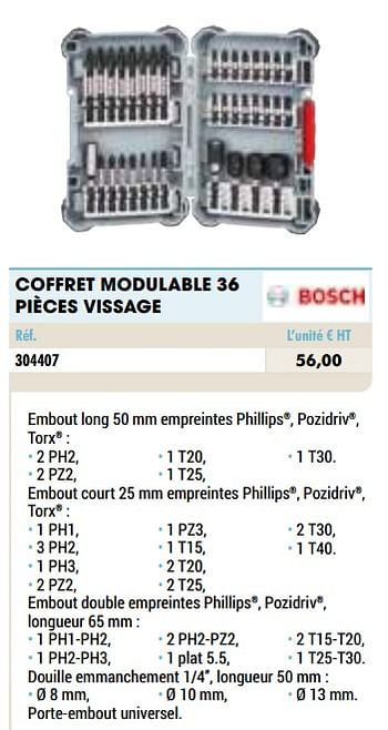 Promotions Coffret modulable 36 pièces vissage - Bosch - Valide de 01/01/2021 à 31/12/2021 chez Master Pro