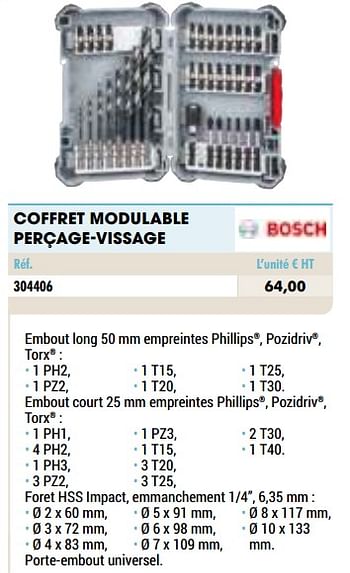 Promotions Coffret modulable perçage-vissage - Bosch - Valide de 01/01/2021 à 31/12/2021 chez Master Pro