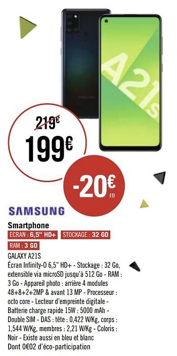 Promotions Samsung smartphone galaxy a21s - Samsung - Valide de 20/01/2021 à 16/02/2021 chez Géant Casino