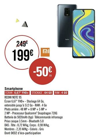 Promotions Xiaomi smartphone redmi note 9s - Xiaomi - Valide de 20/01/2021 à 16/02/2021 chez Géant Casino
