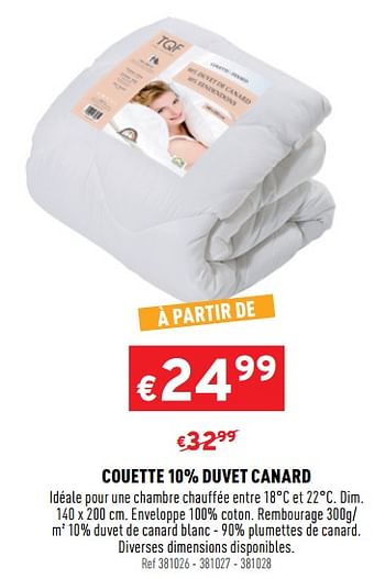 Promoties Couette 10% duvet canard - TQF - Geldig van 20/01/2021 tot 24/01/2021 bij Trafic