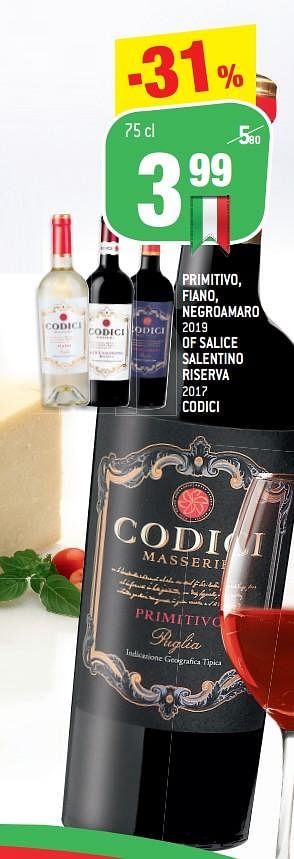 Promoties Primitivo, fiano, negroamaro 2019 of salice salentino riserva 2017 codici - Rode wijnen - Geldig van 20/01/2021 tot 26/01/2021 bij Match