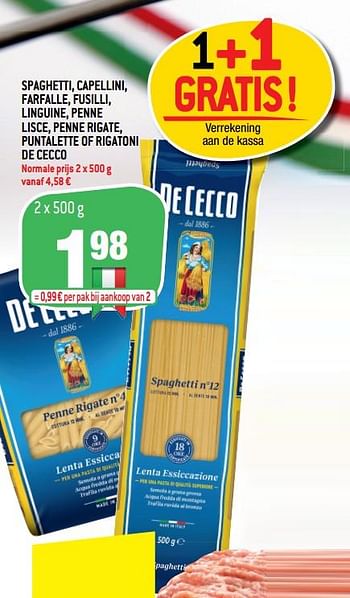 Promoties Spaghetti, capellini, farfalle, fusilli, linguine, penne lisce, penne rigate, puntalette of rigatoni de cecco - De Cecco - Geldig van 20/01/2021 tot 26/01/2021 bij Match