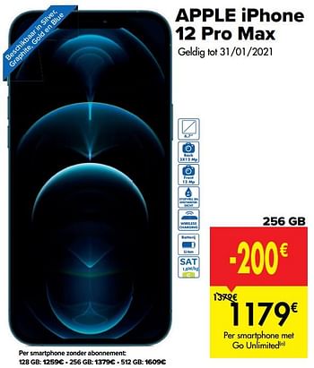 Promotions Apple iphone 12 pro max 256 gb - Apple - Valide de 20/01/2021 à 01/02/2021 chez Carrefour