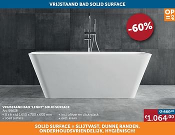 Promoties Vrijstaand bad lenny solid surface - Huismerk - Zelfbouwmarkt - Geldig van 26/01/2021 tot 01/03/2021 bij Zelfbouwmarkt