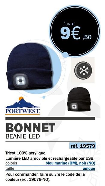 Promotions Bonnet beanie led - Portwest - Valide de 14/09/2020 à 31/03/2021 chez Master Pro