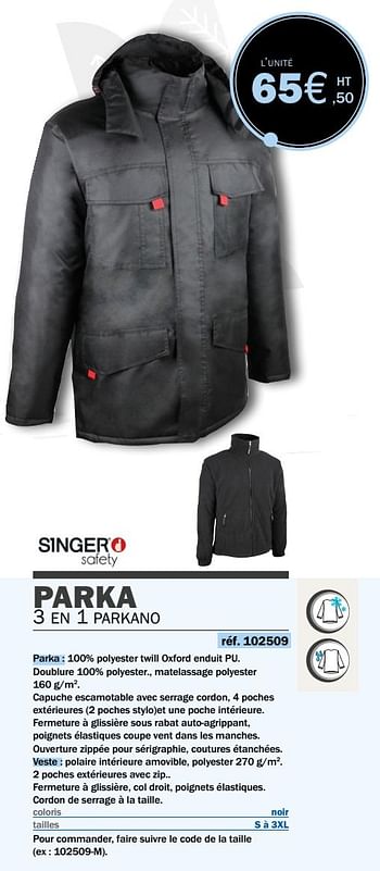 Promotions Parka 3 en 1 parkano - Singer - Valide de 14/09/2020 à 31/03/2021 chez Master Pro