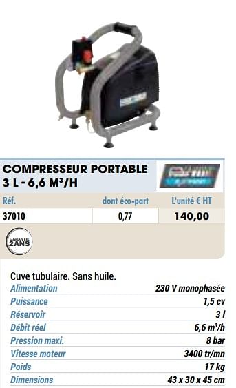 Promotions Compresseur portable 3 l - 6,6 m3-h - Prodif-Somec - Valide de 01/01/2021 à 31/12/2021 chez Master Pro