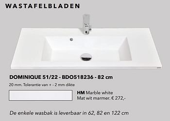 Promoties Wastafelbladen dominique 51-22 - bdo518236 hm marble white mat wit marmer - Huismerk - Kvik - Geldig van 01/01/2021 tot 31/01/2021 bij Kvik Keukens