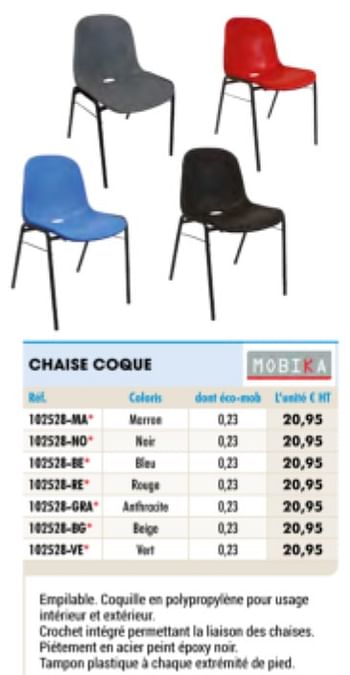 Promotions Chaise coque - Mobika - Valide de 01/01/2021 à 31/12/2021 chez Master Pro